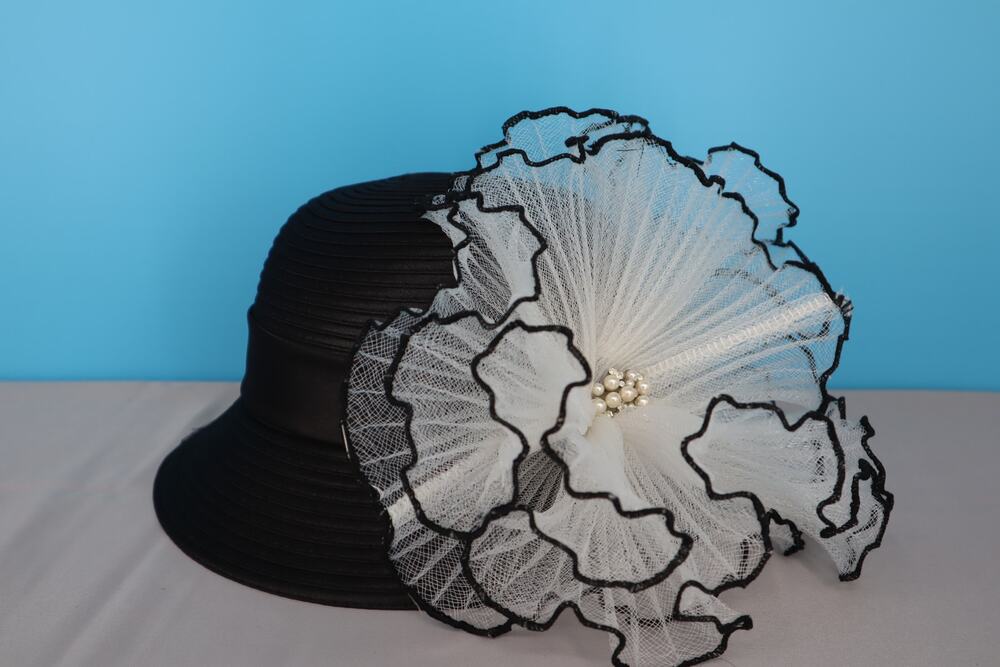 August Hat Company Black Church Derby Hat White Mesh Flower One Size